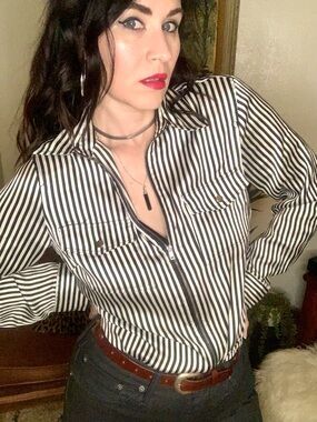 2/$30 Tracy M Vintage Black and White Striped Blouse